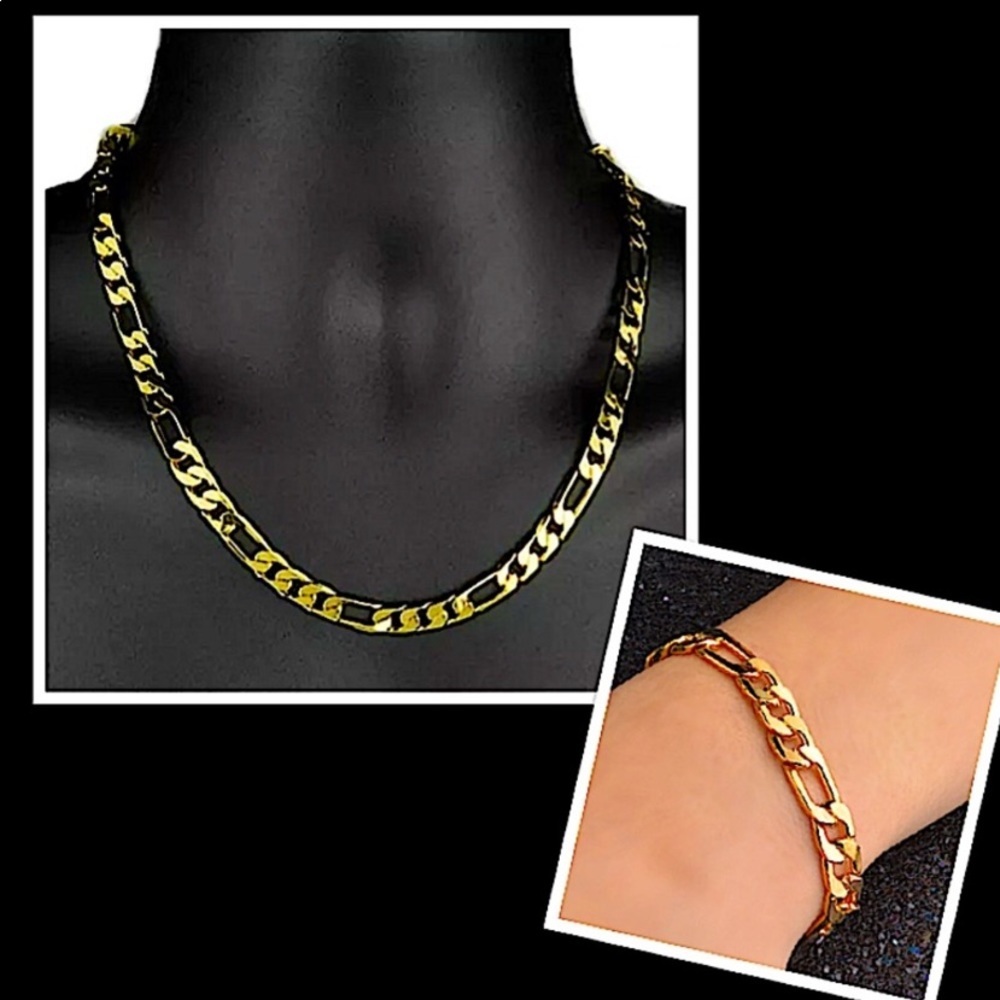 18K GOLD PLATED FIGARO NECKLACE BRACELET MATCHING SET